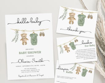 Editable Boho It's a Boy Baby Clothes Baby Shower Invitation Bundle, Green Boho Baby Shower Invite Pack, Green Baby Shower Clothes line