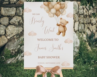 Editable Teddy Bear Baby Shower Welcome Sign, We Can Bearly Wait Baby Shower Poster, Boho Bear Baby Shower Decor, Gender Neutral Party Sign