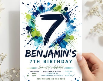Invitación de cumpleaños para niño de 7 años con temática de pintura y salpicaduras, invitación de cumpleaños divertida y editable, descarga instantánea, plantilla de Canva.