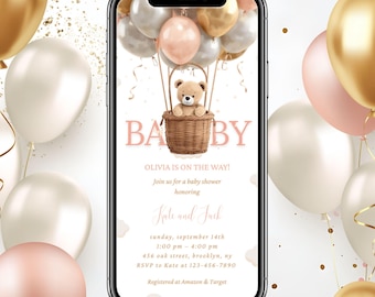 Editable Digital Baby Girl Shower Invitation Template, Electronic Bear Baby Shower Evite, Pink Balloon Baby Shower Party Invitation, Canva