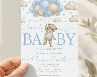 Brown Teddy Bear Balloon Baby Shower Invitation, We Can Bearly Wait Invitation, Shower Invite, Blue Boy Boho Bear Baby Shower, Editable