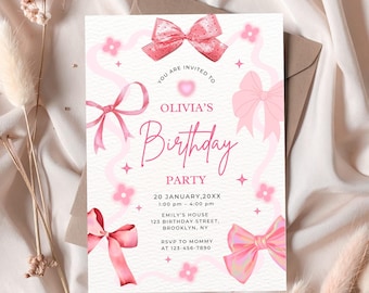 Invitación de cumpleaños con lazo rosa: Invitación de cumpleaños rosa para niña (Canva de 5 x 7 pulgadas)