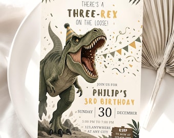 Invitación de cumpleaños de dinosaurios, invitación de cumpleaños de Three Rex editable, fiesta de dinosaurios para el tercer cumpleaños de niño, Three-Rex On the Loose Dinosaur Canva