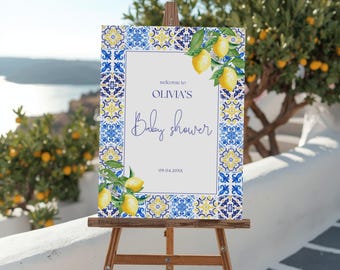 Amalfi Coast Lemon Baby Shower Welcome Sign | Italy Baby Shower Sign Mediterranean Baby Shower Sign | Coastal Blue Tiles | Italy Theme