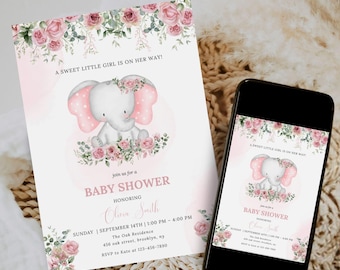 Puede incluir: Invitación a baby shower con una ilustración de elefante bebé, rosas rosas y vegetación. El texto dice "A sweet little girl is on her way!" e incluye detalles del evento. Un smartphone muestra el mismo diseño.