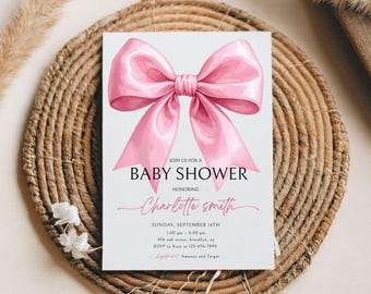 Pink Bow Baby Shower Invitation, Editable Elegant Watercolor Coquette Bow Invitation, Girl Pink Ribbon Baby Shower Invite, Editable Canva