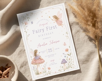 Invitación de primer cumpleaños de hadas, invitación de primer cumpleaños para niña, invitación de primer cumpleaños para niña, invitación con temática de cuento de hadas floral bohemio, plantilla de Canva