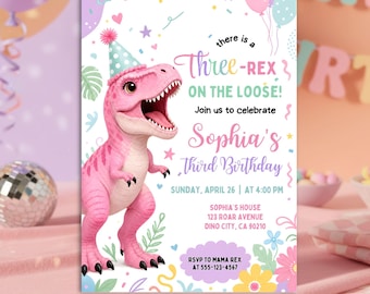 Invitación de fiesta para niña con temática de dinosaurios, invitación de dinosaurios, invitación para el tercer cumpleaños de una niña con temática de dinosaurios, plantilla editable de Canva, invitaciones de 5x7 pulgadas.