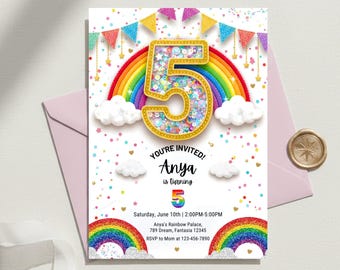 5th Birthday Invitation Girl, Editable Rainbow Sequin Glitter Invite, Girls Birthday Invite, Printable Canva Template, Instant Download
