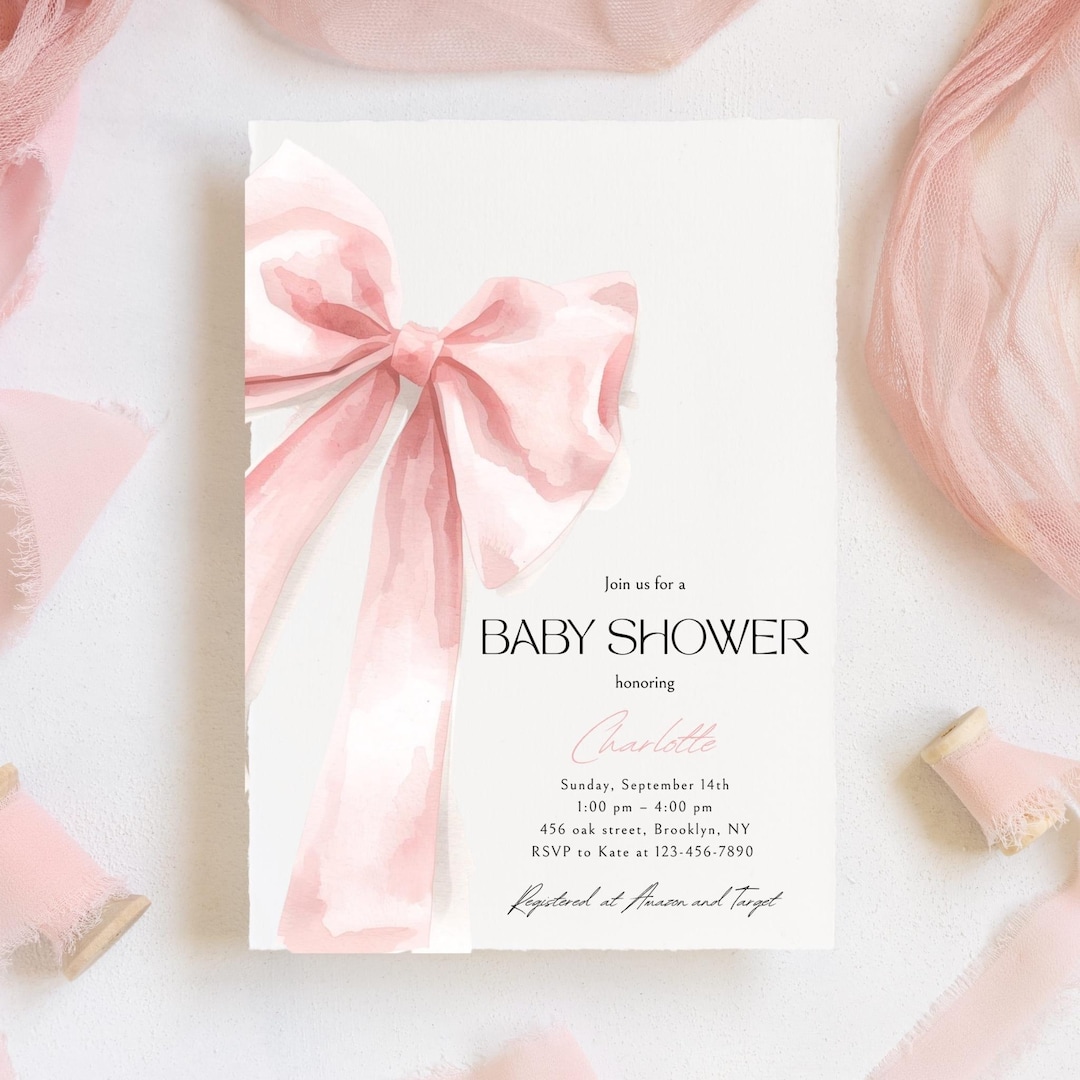 Blush Pink Bow Baby Shower Invitation Template Printable, Editable ...