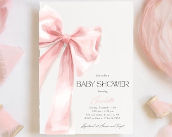 Blush Pink Bow Baby Shower Invitation Template Printable, Editable Elegant Pink Watercolor Coquette Bow Invitation, Baby Girl Coquette Bow
