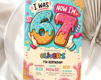 Boys 7th Birthday Invitation, Editable 6-7 Party Invite, I Was 6 Now 7 Meme Theme, Ice Cream Kids Birthday, 7th Birthday