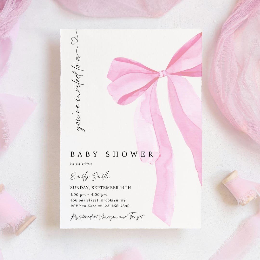 Modern Blush Pink Bow Baby Shower Invitation Template, Editable Elegant ...