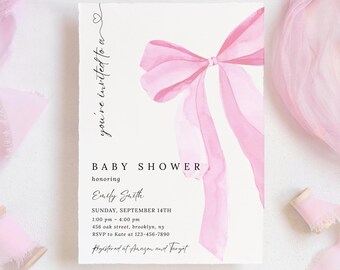 Modern Blush Pink Bow Baby Shower Invitation Template, Editable Elegant Watercolor Coquette Bow Invitation, Pink Baby Shower Invitation