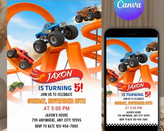 Invitación de cumpleaños con temática de monster trucks, invitación de cumpleaños de carreras, invitación de cumpleaños de camiones, invitación de monster truck, invitación para fiesta de cumpleaños de niño