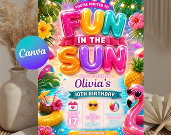 Invitación de cumpleaños "Diversión bajo el sol", invitación para fiesta infantil con temática de playa, plantilla editable de Canva, descarga digital de cumpleaños de verano