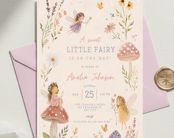Invitación para baby shower de hadas para niña, invitación para baby shower de jardín de hadas, baby shower de hadas pequeñas en un bosque encantado de flores silvestres, Canva