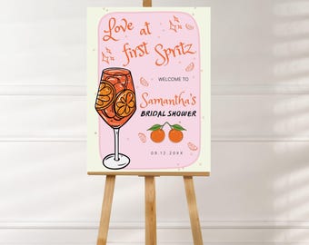 Letrero de bienvenida para despedida de soltera "Amor a primera vista", plantilla imprimible de letrero de bienvenida cítrico, letrero de bienvenida Spritz, decoración rosa y naranja para despedida de soltera