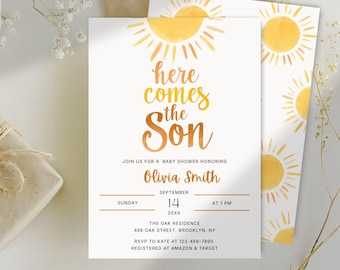 Sunshine Baby Shower Invitation, Here Comes the Son Baby Shower Invite, Digital Baby Shower Invitation Template, Electronic 5x7 Canva