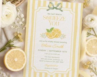Lemon Baby Shower Invitation, We Can’t Wait to Squeeze You, Citrus Baby Shower Invite Template, Edit with Canva