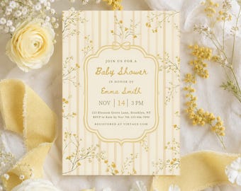 Invitación para baby shower con delicados arreglos florales vintage en color amarillo, invitación para baby shower con rayas amarillas, invitación editable en Canva para crear tú mismo.