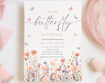 Butterfly Baby Shower Invitation, Pink Purple Butterfly Invitation Template, Butterfly Baby Shower Invitation Girl, Butterflies and Flowers