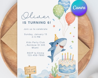 Shark Birthday Invitation, Shark Birthday Party Invite Template, Ocean Theme Birthday, Editable Boys Girls Birthday Invite, Canva Editable