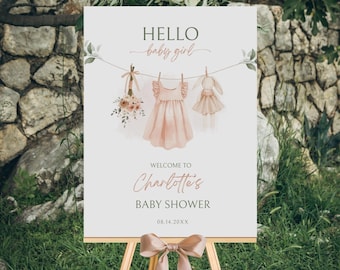 Girl Clothesline Baby Shower Welcome Sign | Floral Clothesline Welcome Poster | Editable Printable