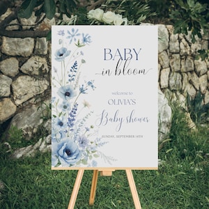 Baby In Bloom Baby Shower Welcome Sign, Blue Floral Baby Shower Welcome Poster, Digital & Printable Baby Shower Sign, Editable Template