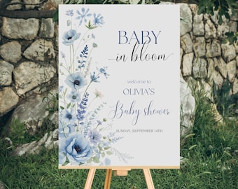 Letrero de bienvenida para baby shower "Bebé en flor", póster de bienvenida para baby shower con flores azules, letrero digital e imprimible para baby shower, plantilla editable