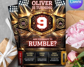 Editable Wrestling Birthday Invitation, Championship Belt, Boxing MMA Ticket Invite, Digital Template, Printable Bday Card, Canva Template