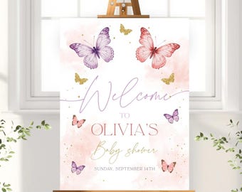 Tovaglia Baby Shot Decorativa A Tema Farfalle: 3 Pezzi Impermeabili 180x108cm – Rosa E Viola Con Scritta 'A Little Butterfly Is On The Way'