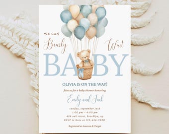 Editable Teddy Bear Hot Air Balloon Bear Theme Baby Shower Invitation We Can Bearly Wait Invites Template Instant Download