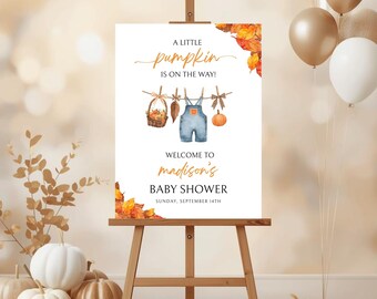 Little Pumpkin Baby Shower Welcome Sign, A Pumpkin is on The Way Welcome Poster, Gender Neutral, Editable Template, Fall Baby Shower Gingham