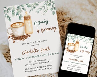 Coffee Bean Baby | A Baby is Brewing Baby Shower Invitation | Coffee Theme Baby Shower | Coffee Party Invite | Canva Editable Printable