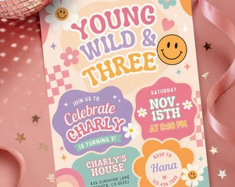 Editable Young Wild and Three Checkered Smile Face Birthday Party Invite, Groovy 3rd Party Invitation, Emoji Invite, Instant Download
