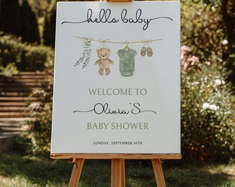 Junge Baby Shower Willkommensschild Vorlage, Boho Boy Baby Shower Wäscheleine Willkommensschild, Jungenkleidung Baby, bearbeitbare digitale Vorlage