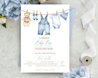 Invitación para baby shower de niño azul / Invitación para baby shower con ropa de bebé de niño / Tema de tendedero