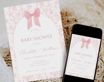 Vintage Dusty Pink Bow Floral Toile Baby Shower Invitation, Editable Elegant Watercolor Coquette Bow Invitation Pink Girl Baby Shower Invite