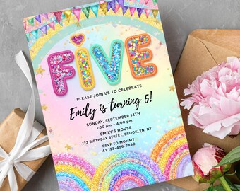 Invitación editable con lentejuelas arcoíris para 5.º cumpleaños: Plantilla imprimible (descarga instantánea)