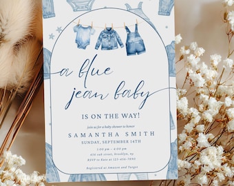 Invitación para baby shower con jeans azules, invitación con chispas de bebé, baby shower de mezclilla, invitación bohemia con jeans azules, baby shower con tema de niño con tendedero