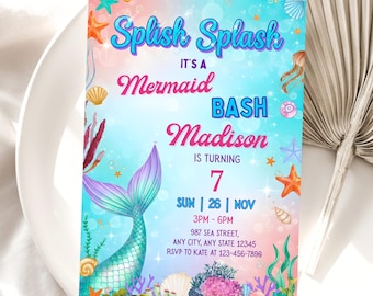 Invitación de cumpleaños editable con cola de sirena para niña, invitación de cumpleaños con temática de sirenas bajo el mar, invitaciones para fiestas de sirenas, invitación de sirena, Canva