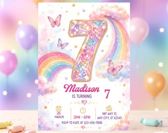 Invitación de cumpleaños número 7 con lentejuelas, invitación editable con lentejuelas arcoíris brillantes, plantilla de invitación de cumpleaños con corazón brillante para niña, imprimible en Canva.