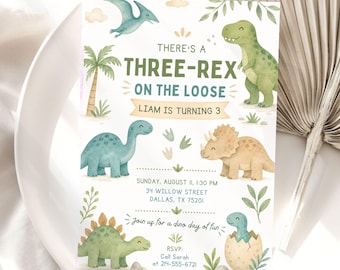 Invitación de cumpleaños de dinosaurios / Invitación editable para fiesta de cumpleaños de dinosaurios Three Rex / Plantilla de Canva