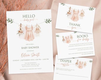 Boho Girl Clothesline Baby Shower Invitation Bundle, Watercolor Blush Pink Baby Clothes, Editable Canva, Instant Download