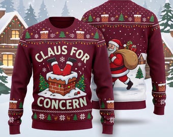 Divertido suéter navideño de Santa Claus con chimenea, suéter navideño feo en 3D, suéter para fiestas navideñas con el lema "Claus for Concern"