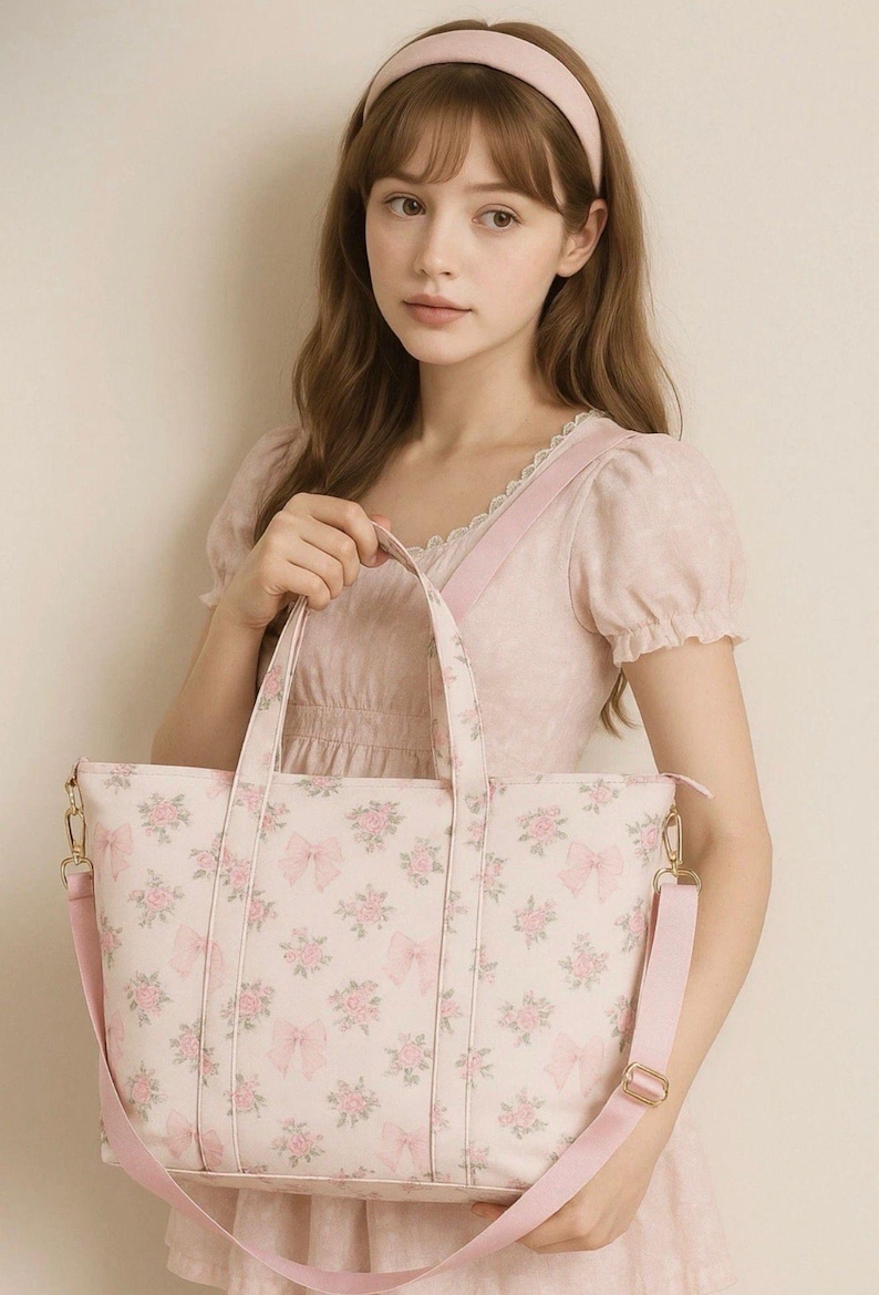 Puede incluir: Un bolso tote rosa claro con un estampado floral y de lazos. El bolso tiene una correa para el hombro y asas rosas a juego. Los herrajes dorados acent&uacute;an el bolso. El bolso lo sostiene una persona que lleva un vestido y una diadema rosas.