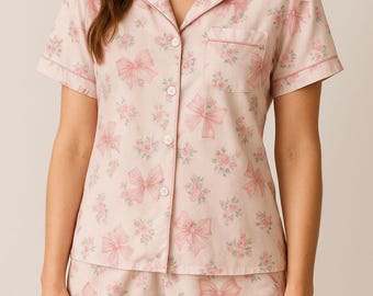 Pink Floral Bow Pajama Set –LoveShackFancy Inspired Short Sleeve Top & Shorts Set