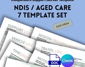 Set di 7 modelli NDIS per l'assistenza agli anziani. Modelli per assistenti sociali indipendenti (digitali) Sage Green