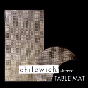 May include: Tan rectangular and semi-circular table mats with a woven texture. The mats are displayed against a black background. The brand name "Chilewich" is visible, along with the words "altered TABLE MAT".